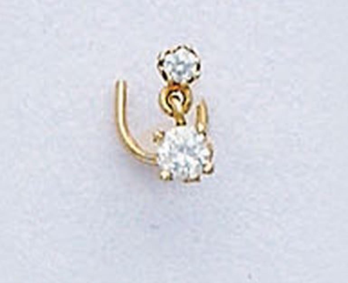 14K Yellow Gold 2.50mm Round Cut Dangling CZ Curved Nose Pin
