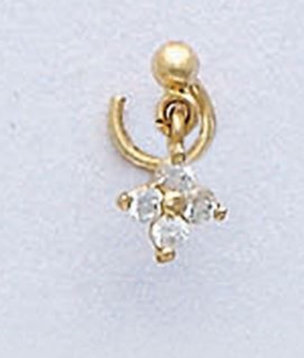 14K Yellow Gold Dangling Rd CZ Flower Curved Nose Pin