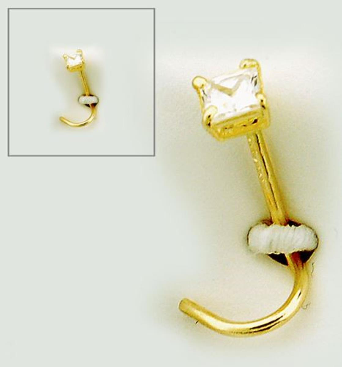14K Yellow Gold 2.00mm Princess Cut CZ Curved Nose Pin