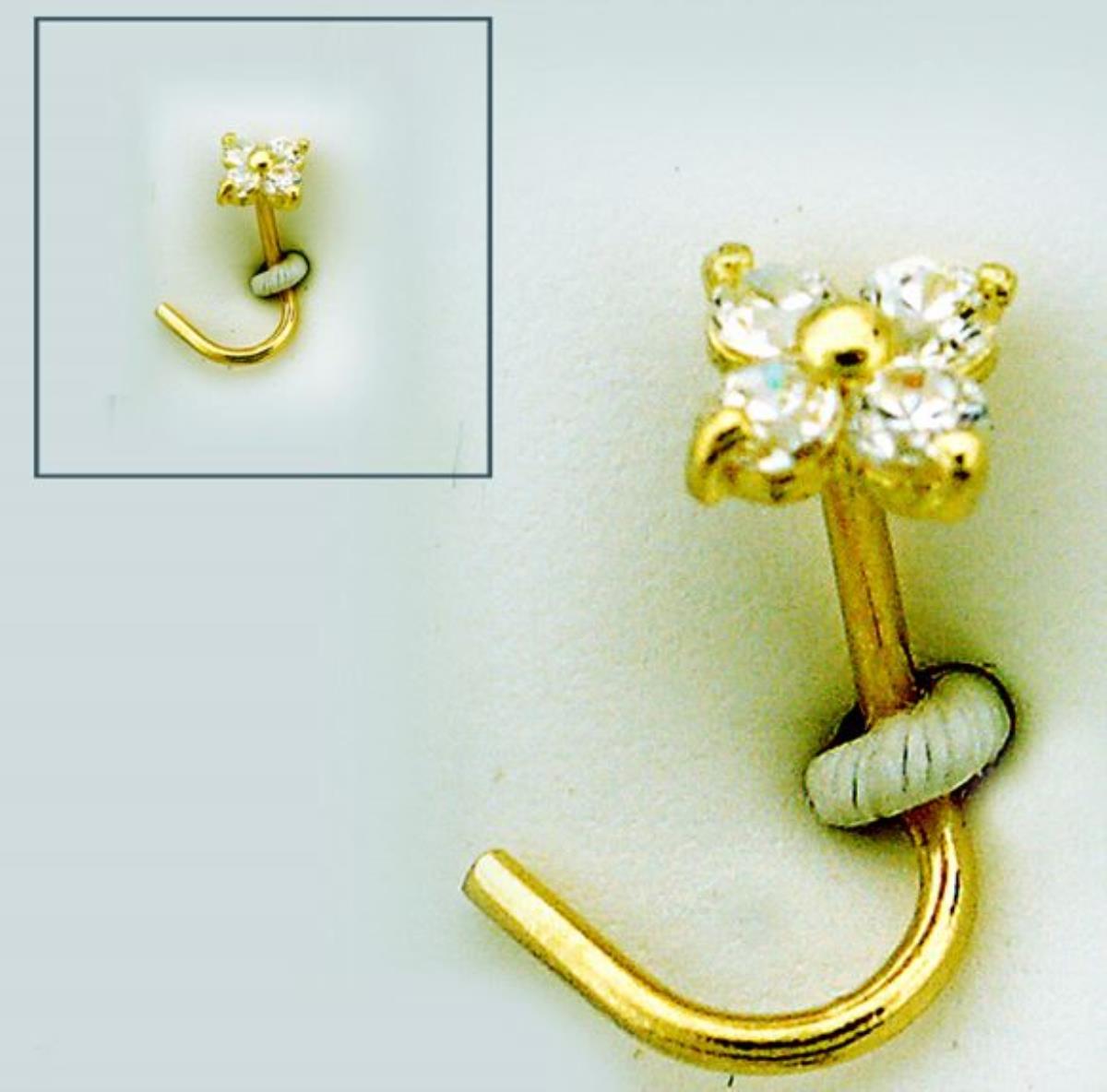 14K Yellow Gold Rd CZ Flower Curved Nose Pin