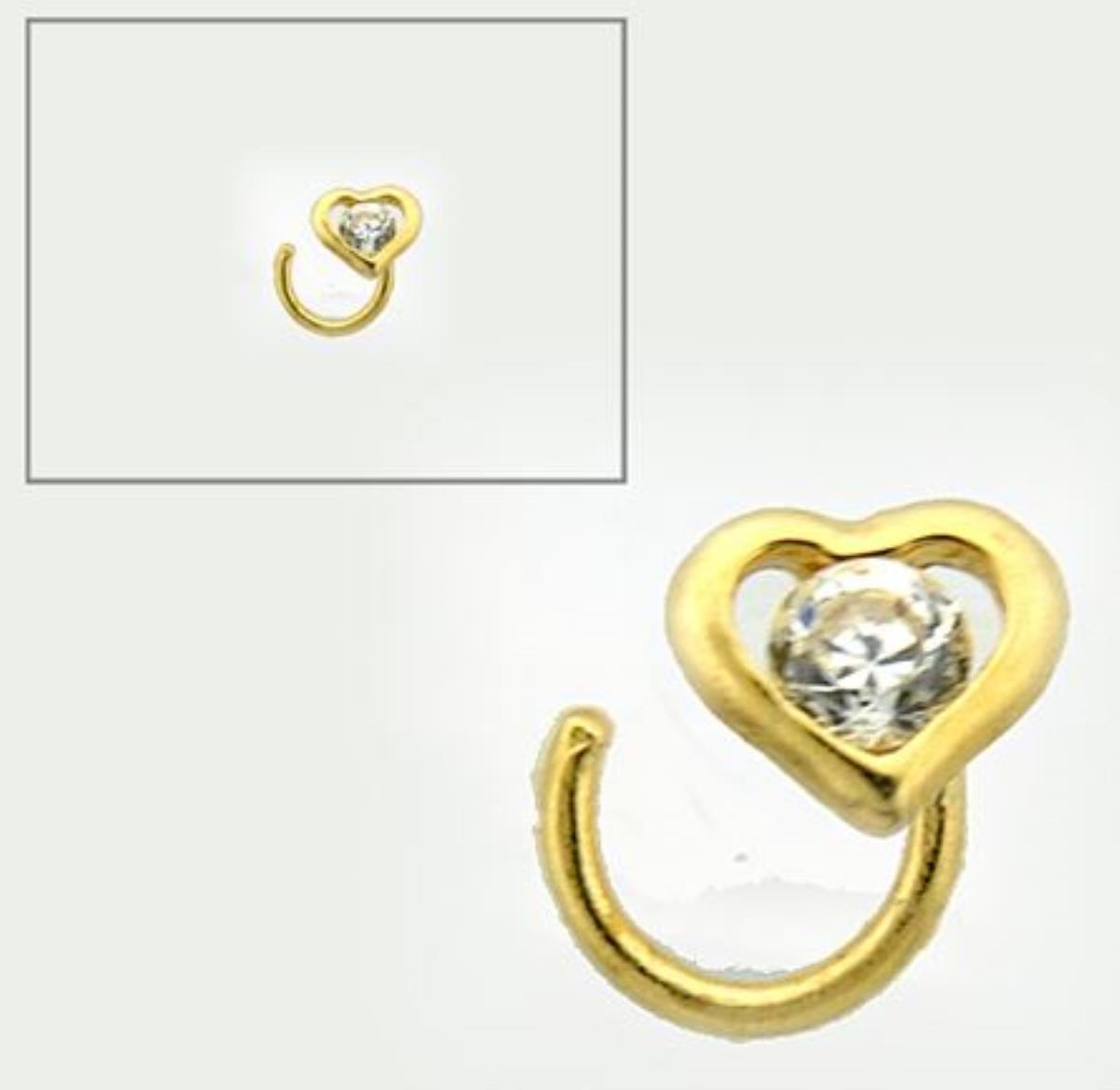 14K Yellow Gold Rd CZ Heart Curved Nose Pin
