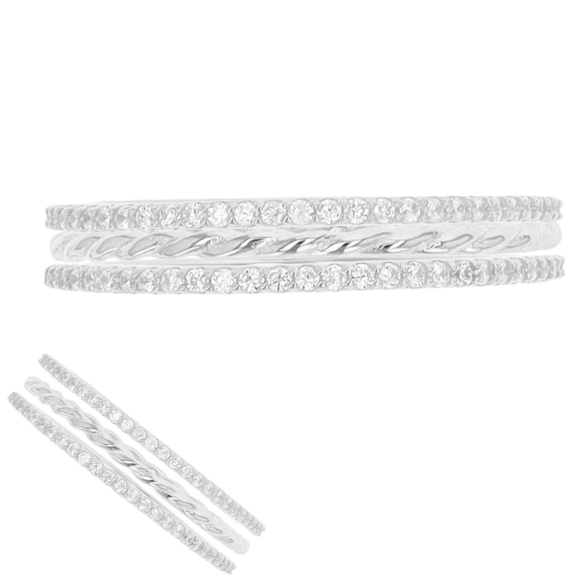 Sterling Silver Rhodium White CZ Pave Rope  Trio 1.1;1.2mm Ring
