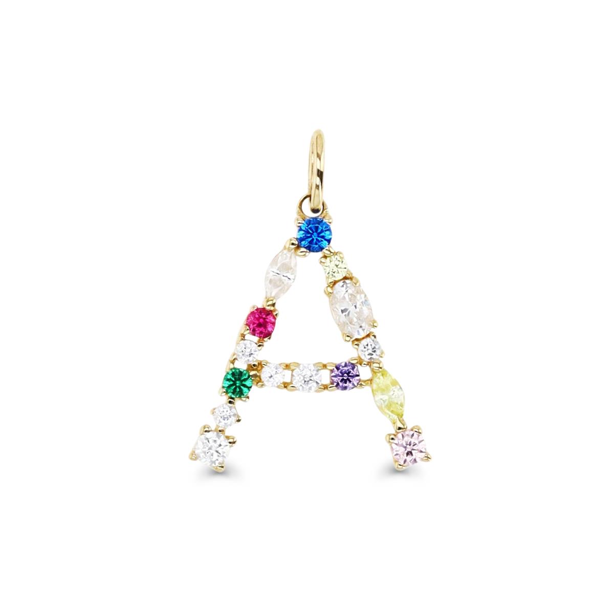 14K Gold Yellow & Multi-Color and Shape CZ "A" Initial Pendant