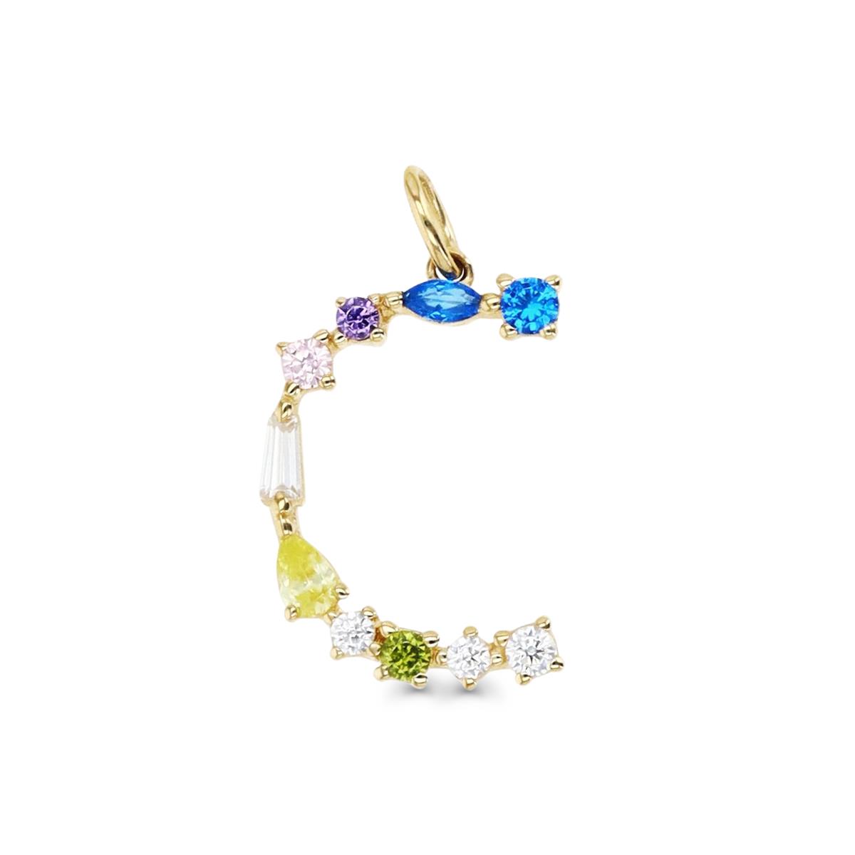 14K Gold Yellow & Multi-Color and Shape CZ "C" Initial Pendant