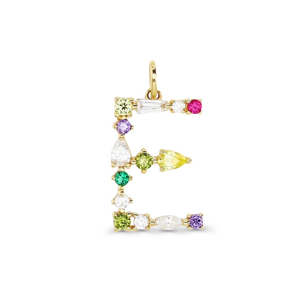 14K Gold Yellow & Multi-Color and Shape CZ "E" Initial Pendant