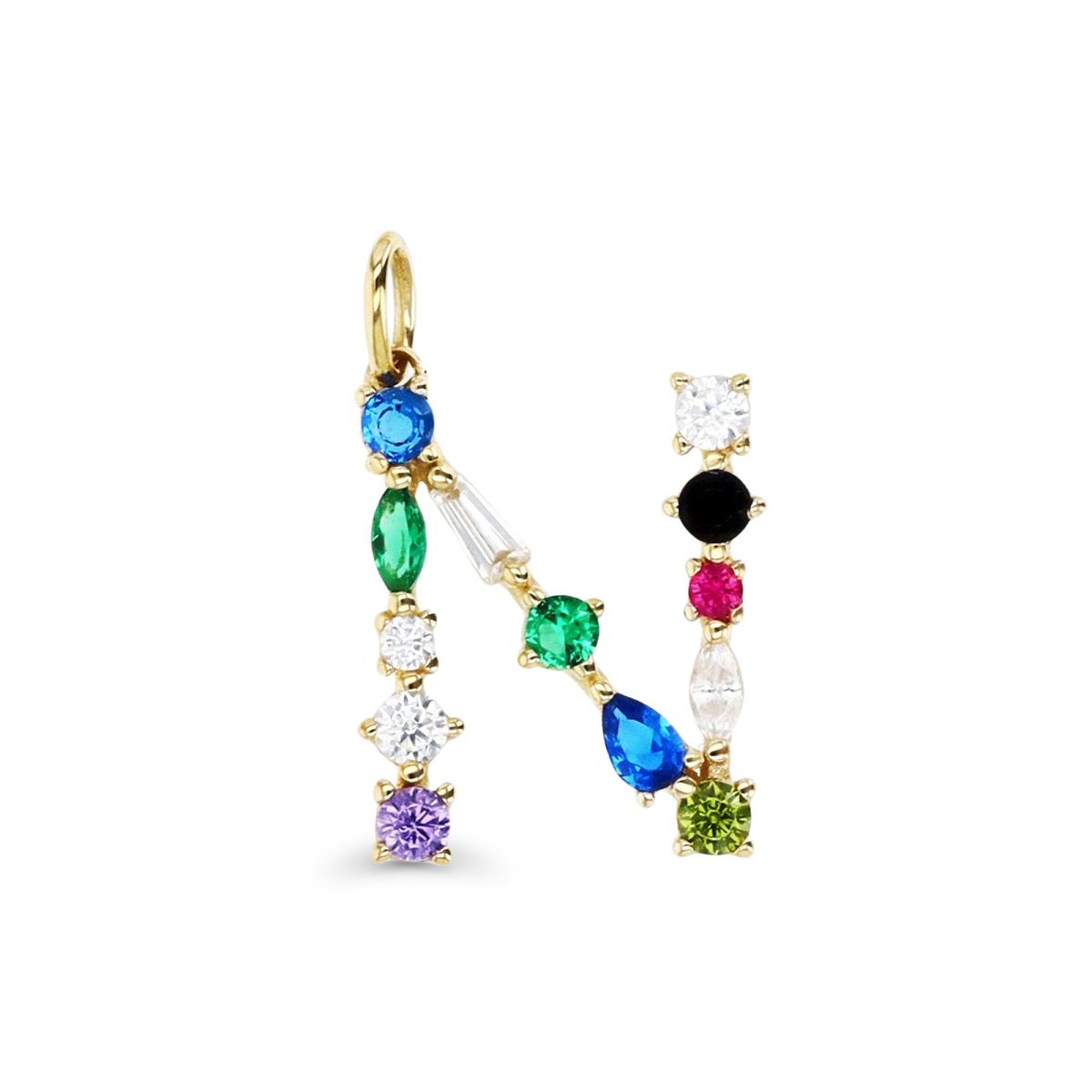 14K Gold Yellow & Multi-Color and Shape CZ "N" Initial Pendant
