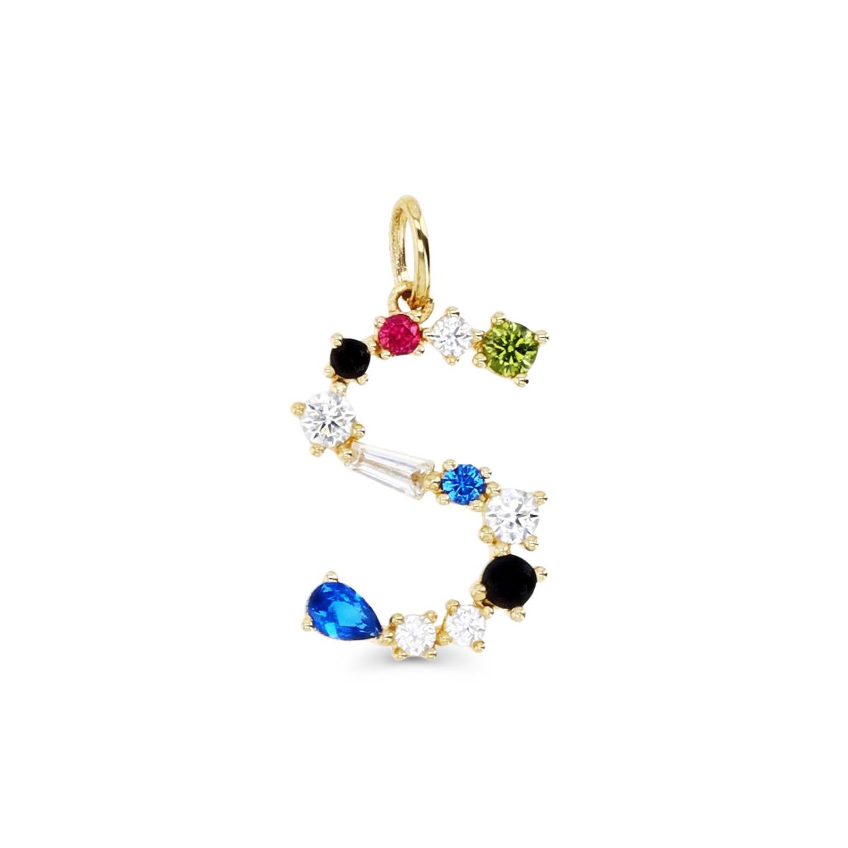 14K Gold Yellow & Multi-Color and Shape CZ "S" Initial Pendant