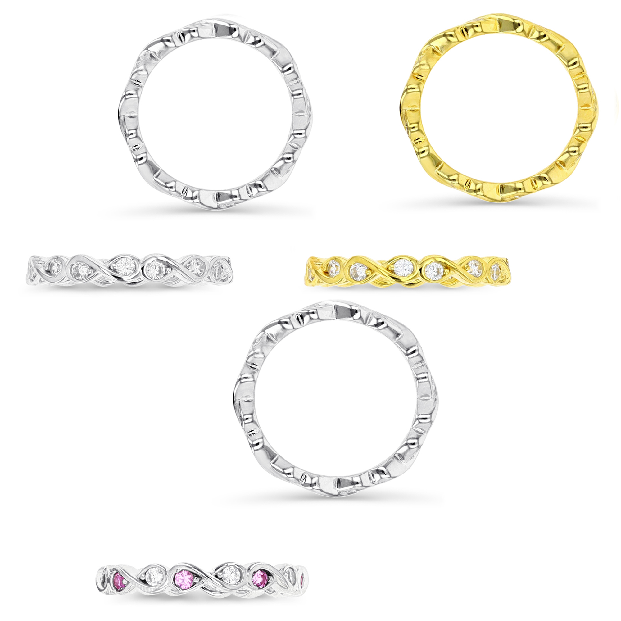 Sterling Silver Yellow 1M & White 2 Polished White CZ & Created Ruby #3 Bezel Infinity Ring Set