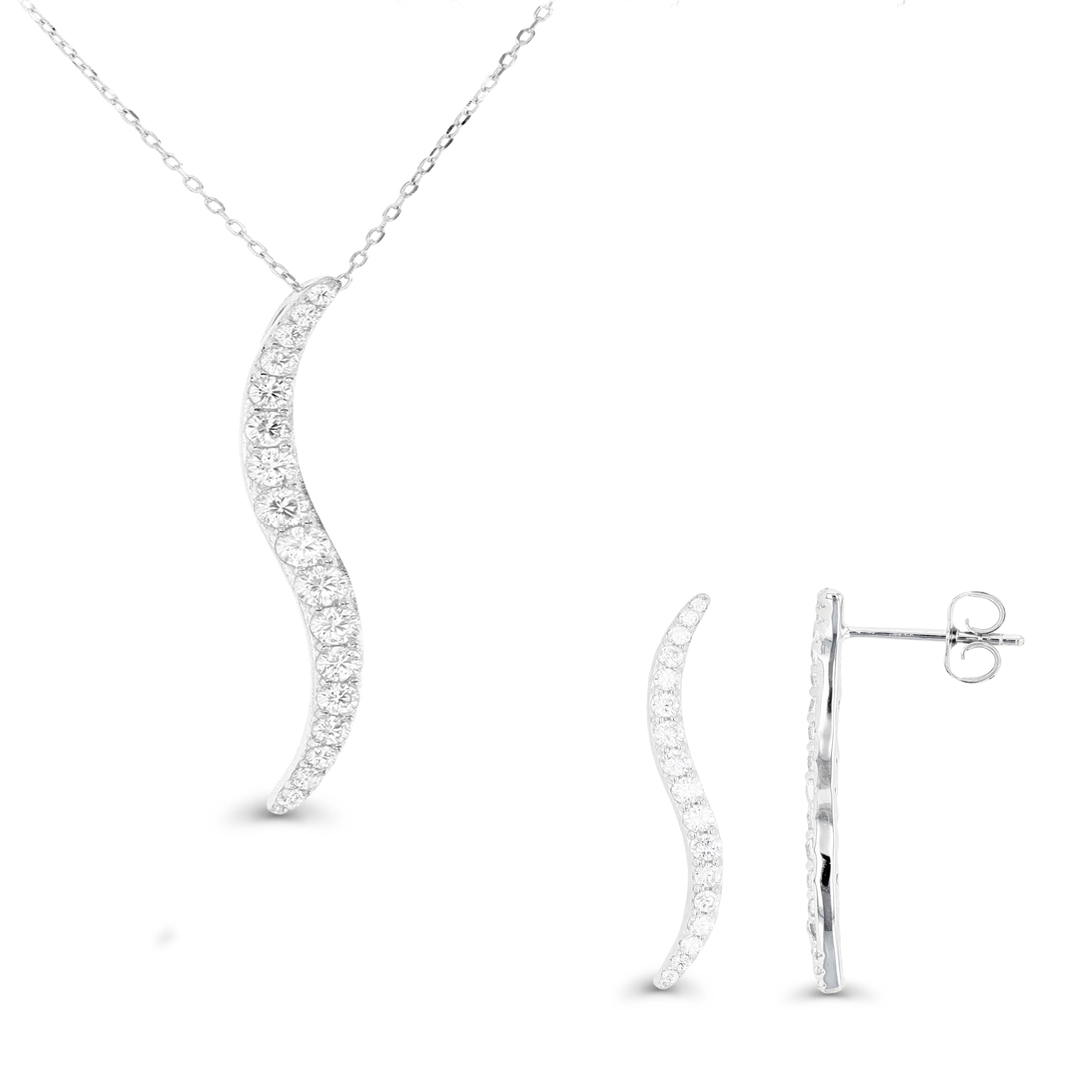 Sterling Silver Rhodium 29.5X2.2MM;29.5X2.2MM Polished White CZ Wave Design Singapore 18''+2'' Necklace & Earring Set 