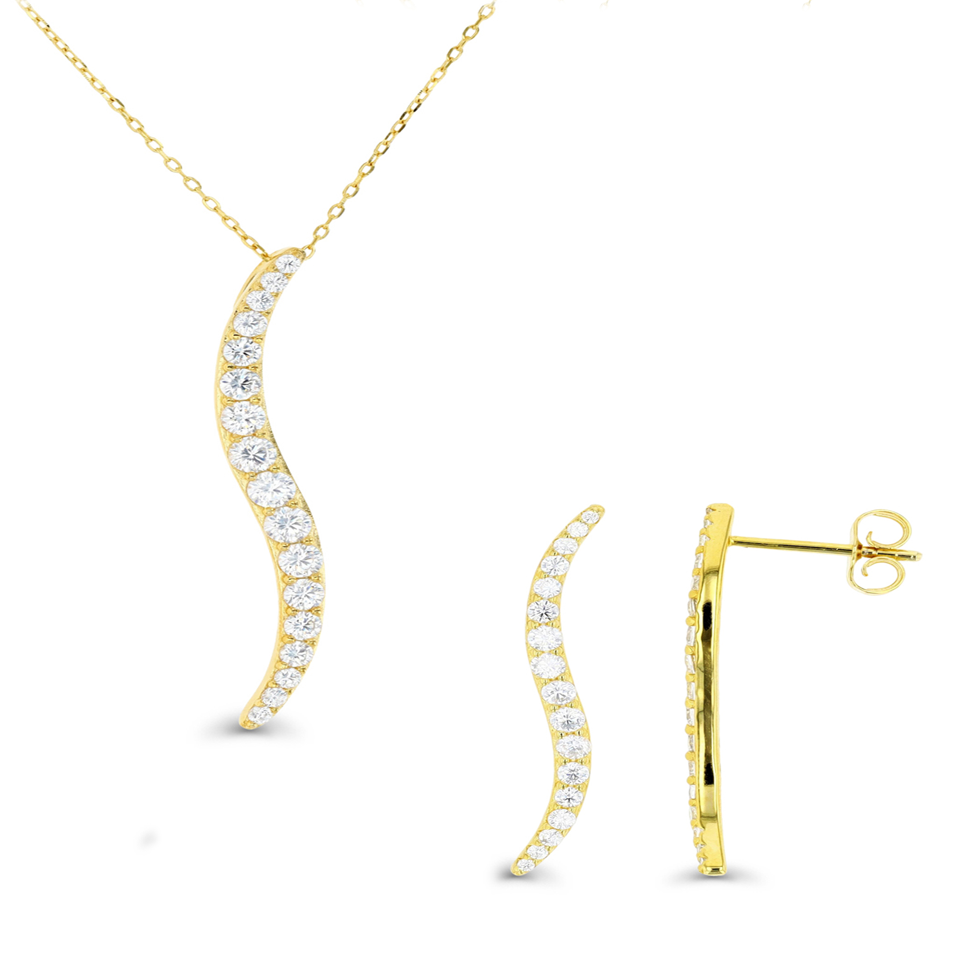 Sterling Silver Yellow 29.5X2.2MM;29.5X2.2MM Polished White CZ Wave Design Singapore 18''+2'' Necklace & Earring Set 