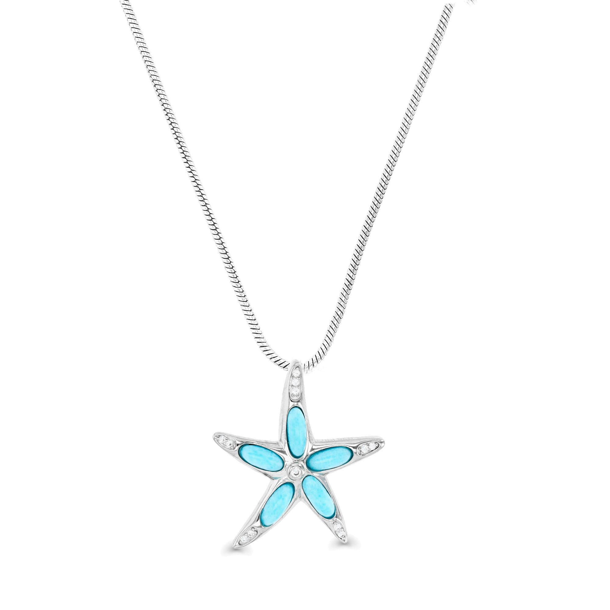 Sterling Silver Rhodium & White CZ and Larimar 28MM Starfish 22" Adjustable Necklace