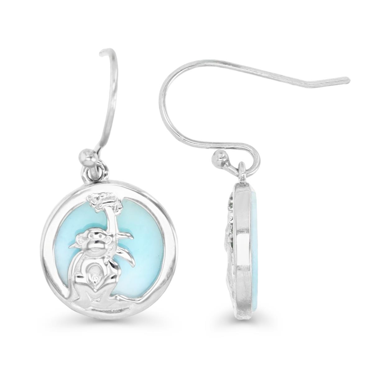 Sterling Silver Rhodium & Larimar Disc and Monkey Fish Hook Earring