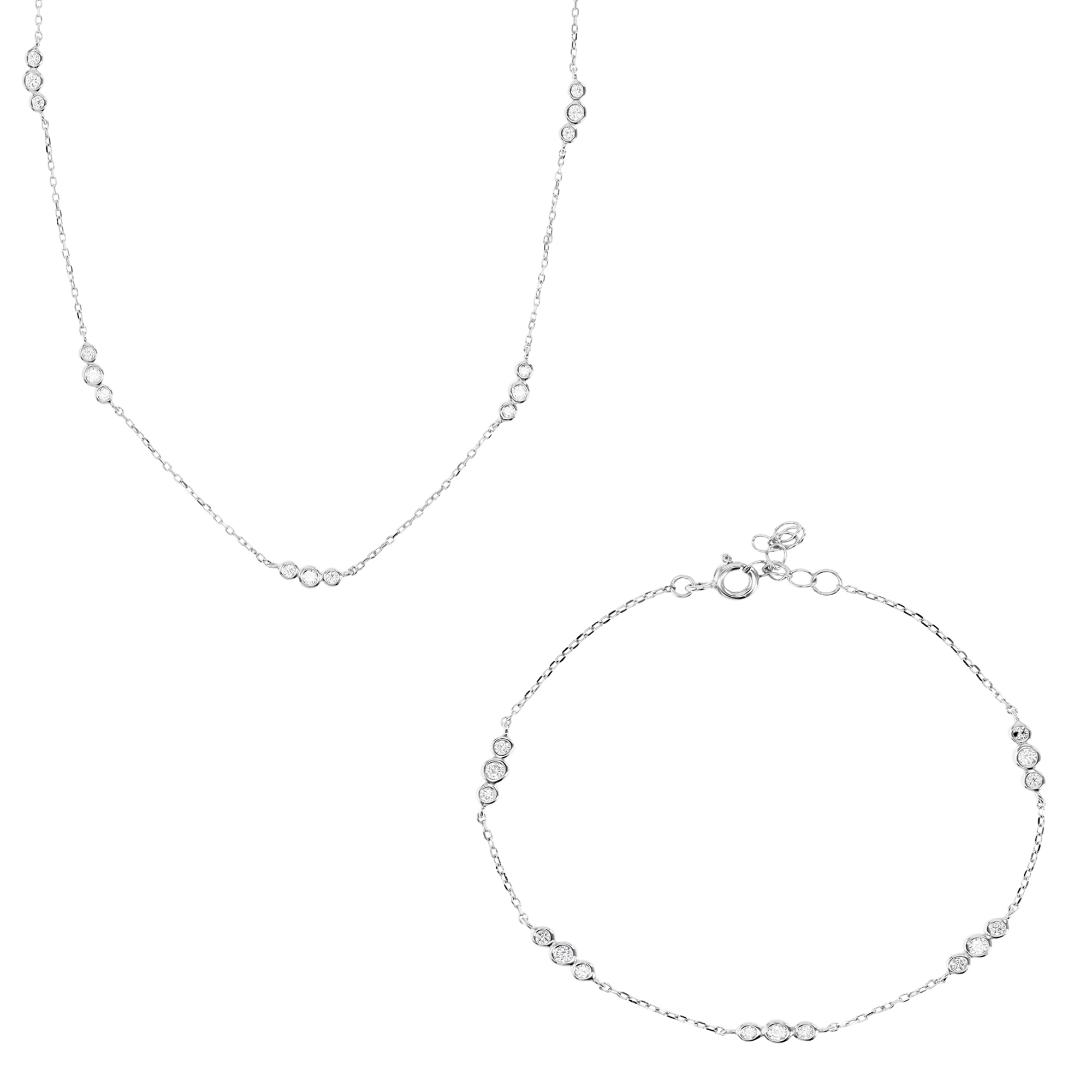 Sterling Silver Rhodium 12X3MM;12X3MM Polished White CZ Bezel Station Bracelet & Necklace Set 16+2'' Set