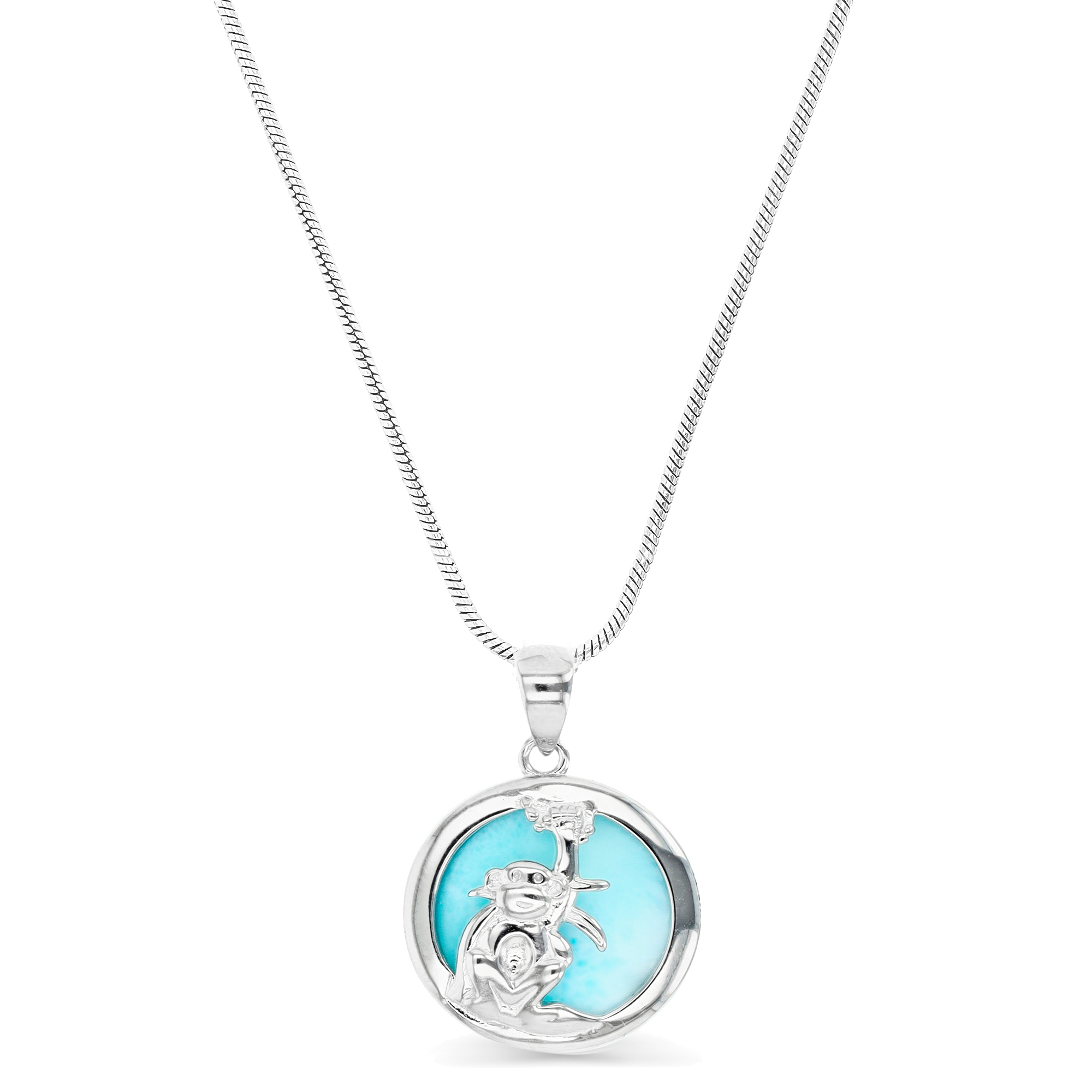 Sterling Silver Rhodium &  Round Larimar and Monkey Adjustable 22" Necklace