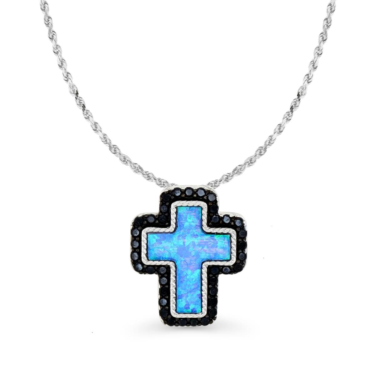  Sterling Silver Rhodium and Black & Cr. Blue Opal and Black Spinel Cross 18+2" Necklace