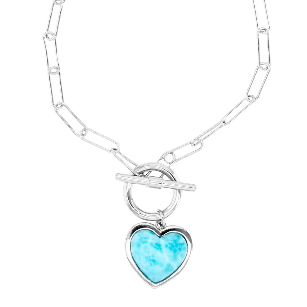 Sterling Silver Rhodium & Larimar Heart and Paperclip Chain Toggle 16" Necklace