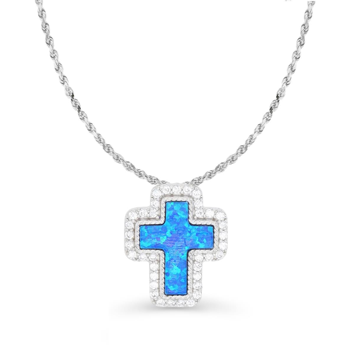 Sterling Silver Rhodium &  Cr. Blue Opal and Cr. White Sapphire Cross 18''+2