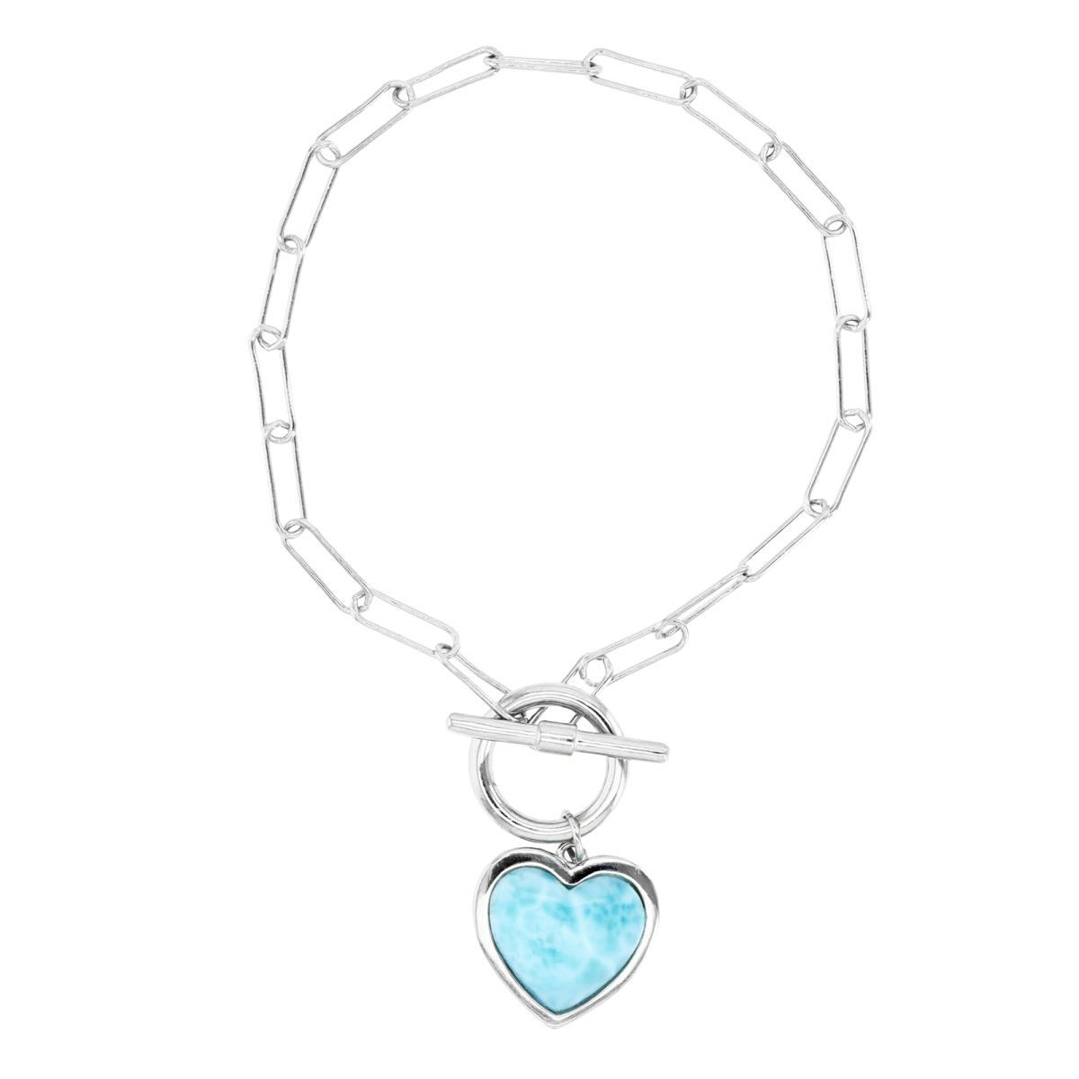 Sterling Silver Rhodium & Larimar Heart and Paperclip Chain Toggle 7.5" Bracelet