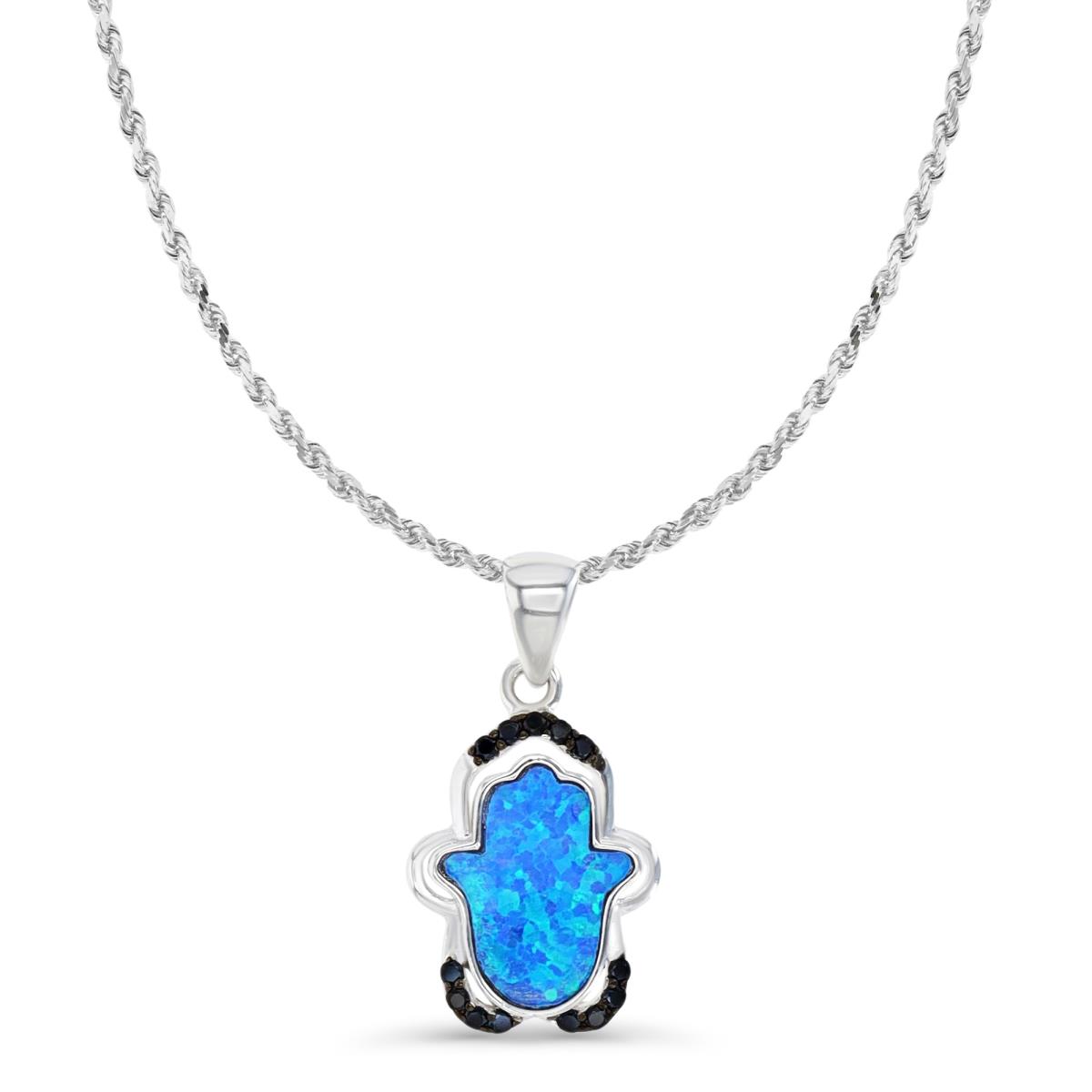 Sterling Silver Rhodium and Black & Cr. Blue Opal and Black Spinel Hamsa 18+2" Necklace