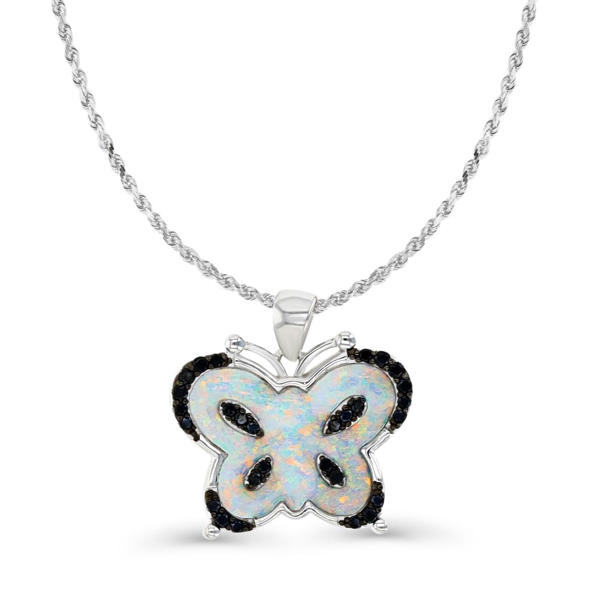 Sterling Silver Rhodium and Black & Created White Opal and Black Spinel Butterfly 18+2" Necklace
