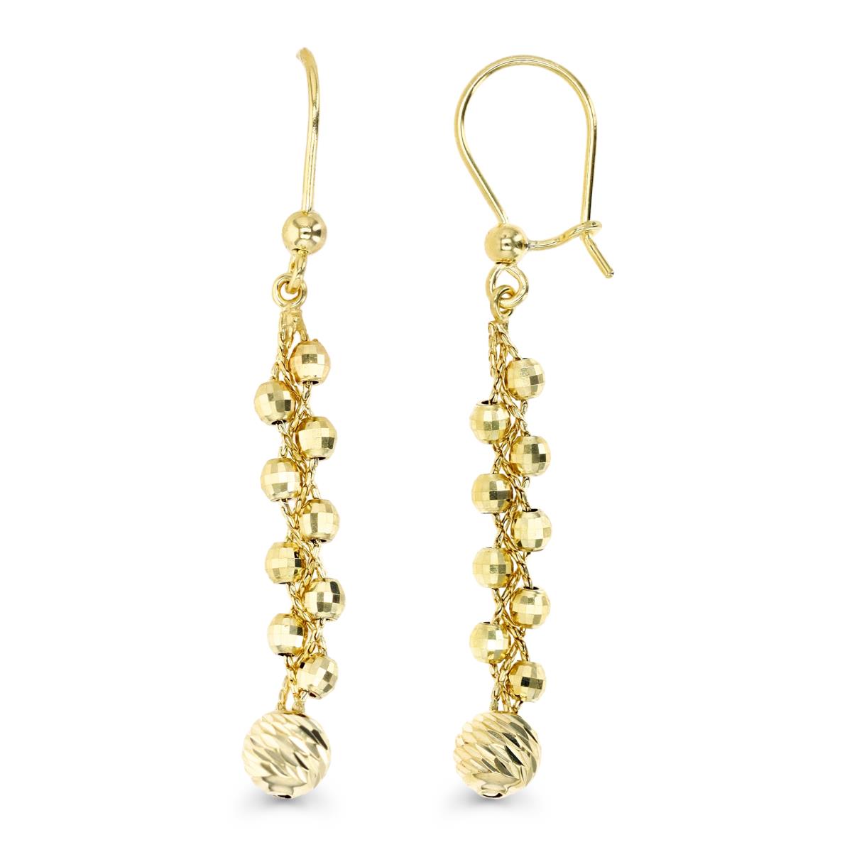 14K Gold Yellow Braided Chain and Diamond Cut Beads Dangling Euro Wire Earring