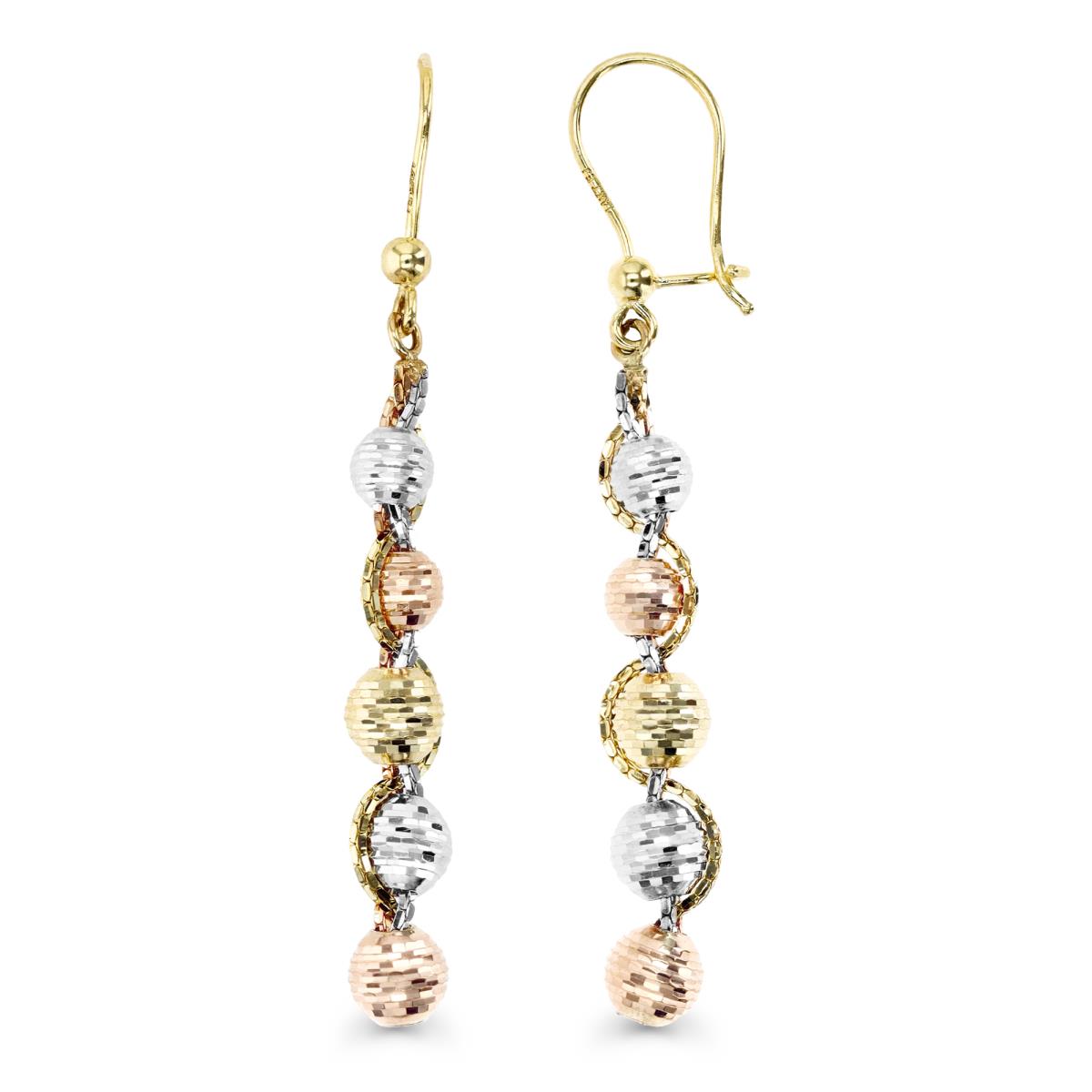 14K Gold Yellow Tri-Color Chain and Diamond Cut Beads Dangling Kidney Wire Earring