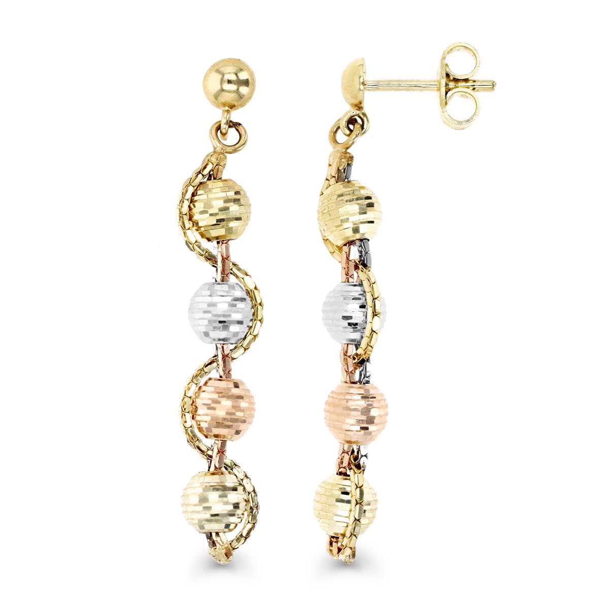 14K Gold Yellow Tri-Color Chain and Diamond Cut Beads Dangling Earring