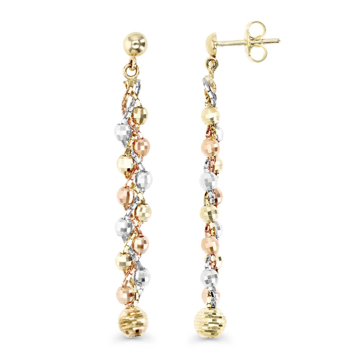 14K Gold Yellow Tri-Color Braided Chain and Diamond Cut Beads Dangling Earring