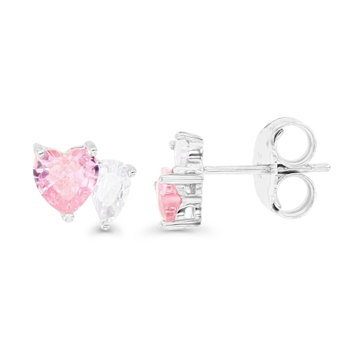 Sterling Silver Rhodium 8X7MM Polished Pink & White CZ Heart & Pear Shape Stud Earring