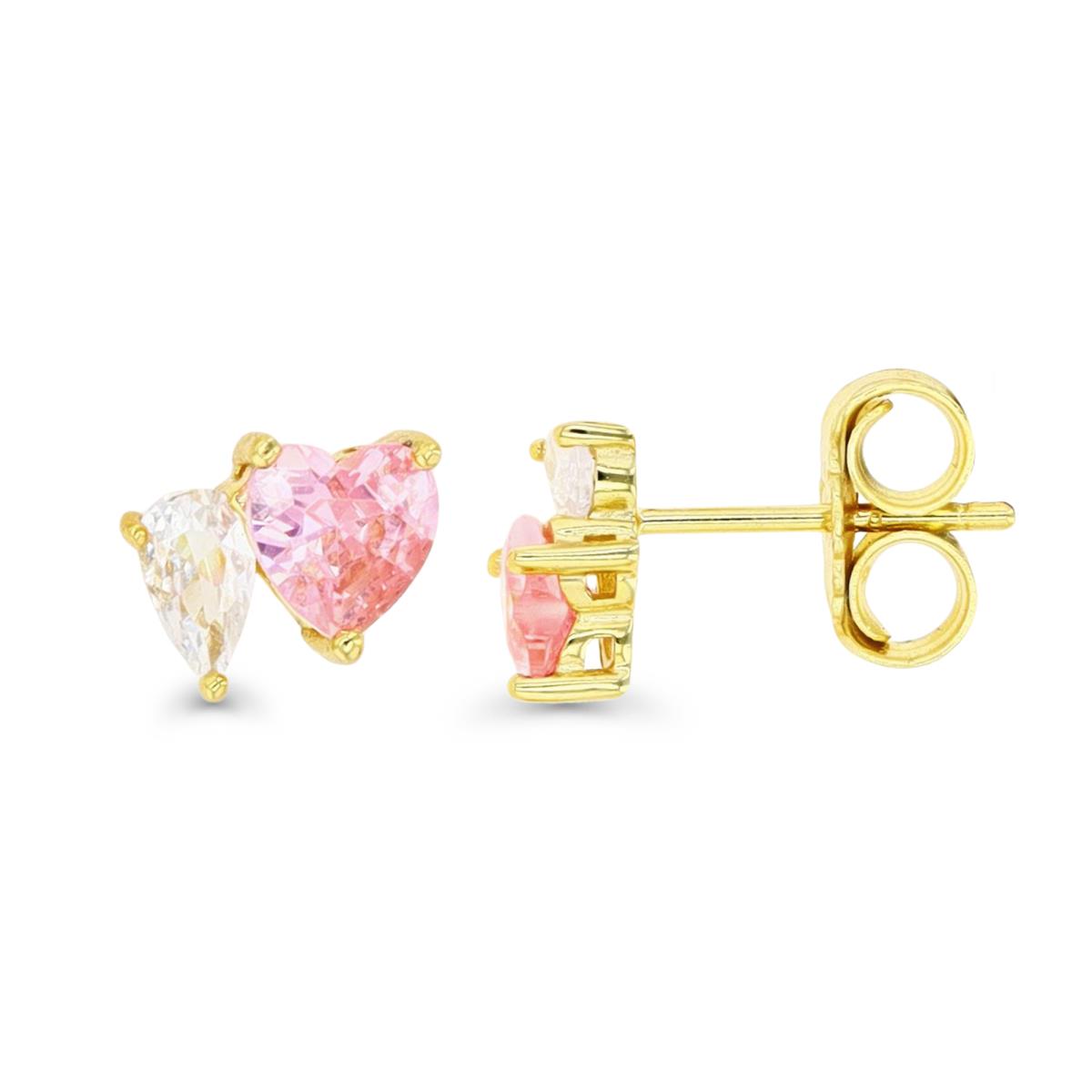 Sterling Silver Yellow 1M 8X7MM Polished Pink & White CZ Heart & Pear Shape Stud Earring