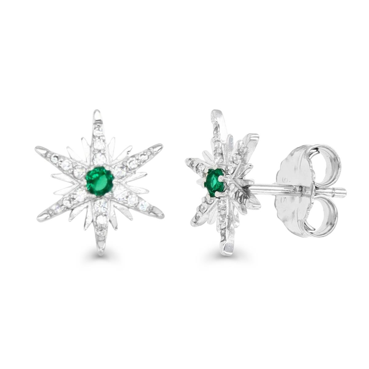 Sterling Silver Rhodium 11MM Polished Created Green Spinel & White CZ Pave Starburst Stud Earring
