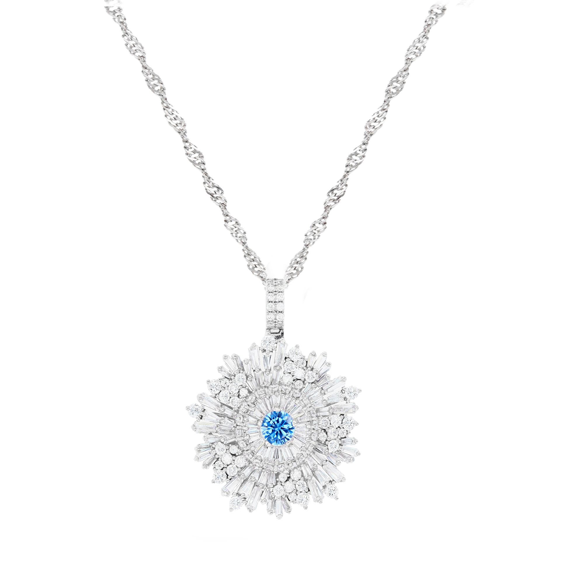 Sterling Silver Rhodium 41X31MM Polished Rd Tanzanite  & White CZ ST&TP Baguette Flower 18+2'' Singapore Necklace