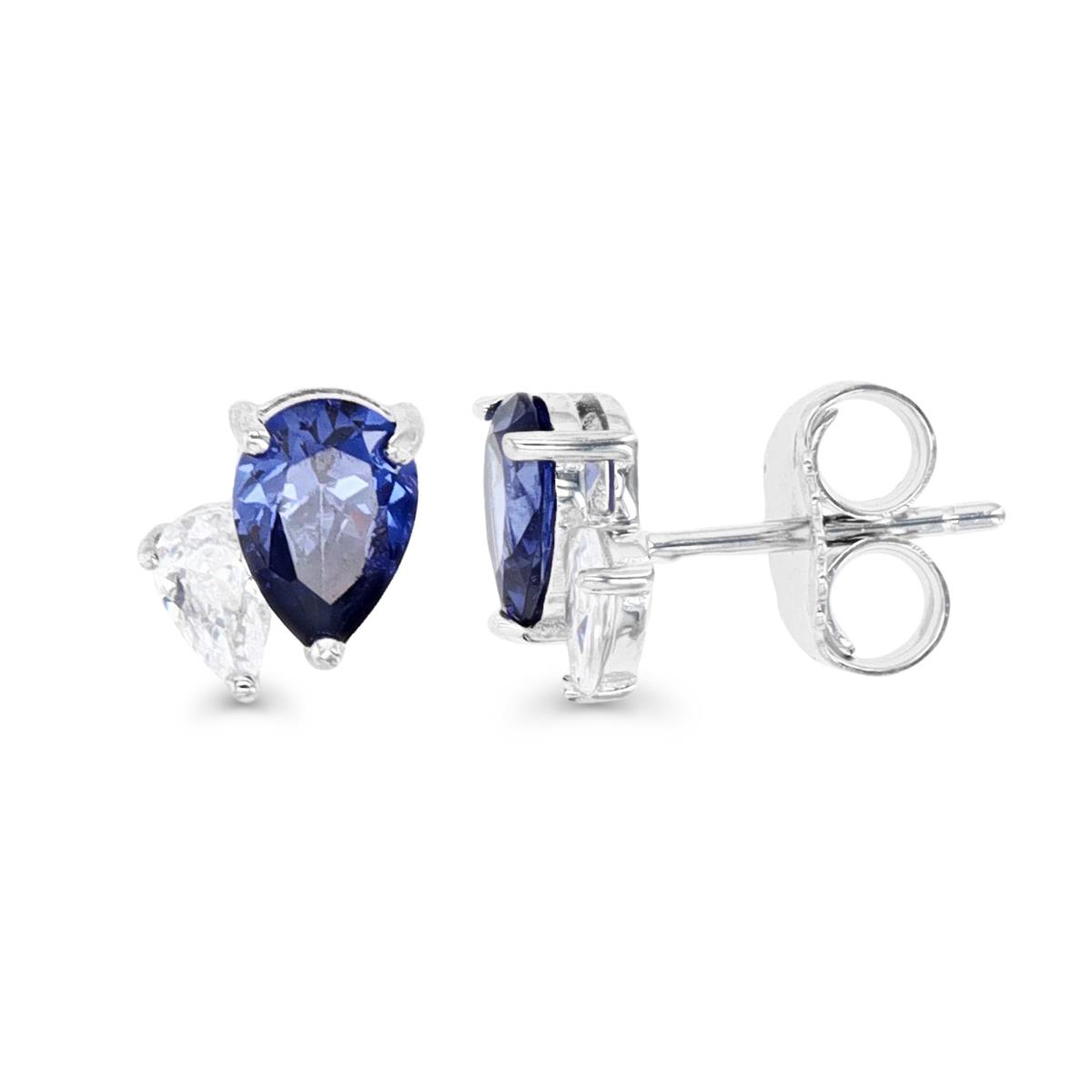 Sterling Silver Rhodium 8X7MM Polished Tanzanite & White CZ Double Pear Stud Earring
