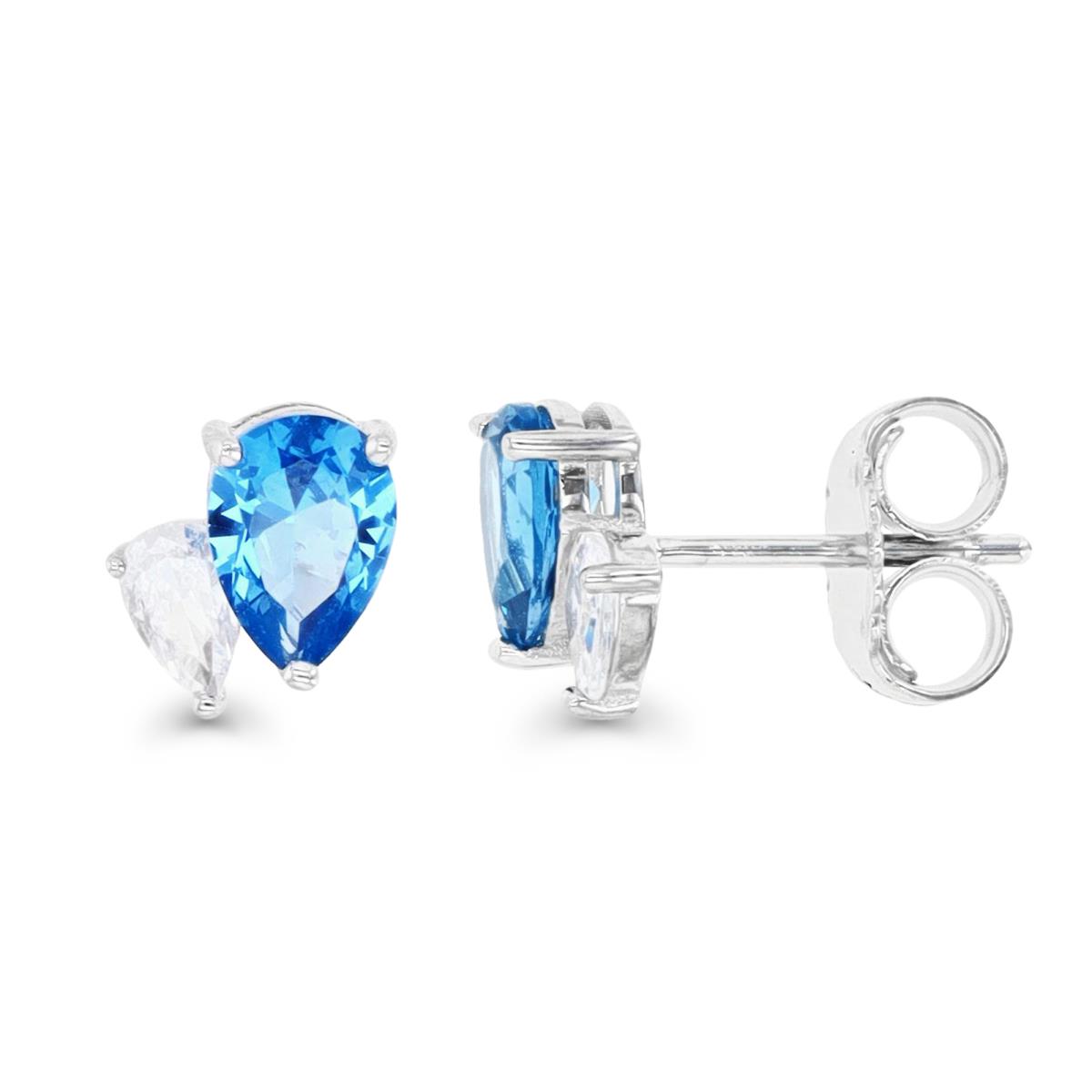 Sterling Silver Rhodium 8X7MM Polished Created Blue Spinel & White CZ Double Pear Stud Earring