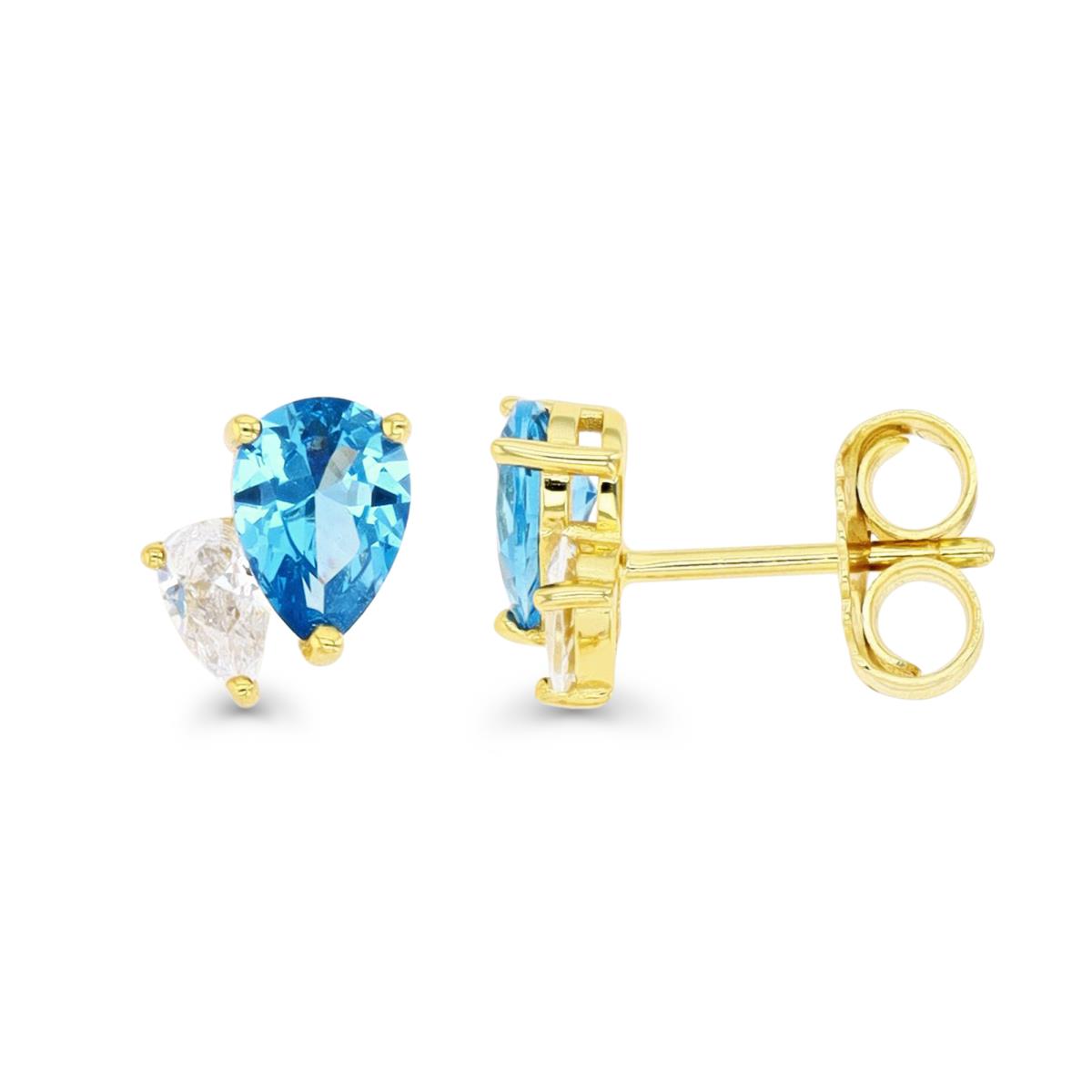 Sterling Silver Yellow 1M 8X7MM Polished Created Blue Spinel & White CZ Double Pear Stud Earring