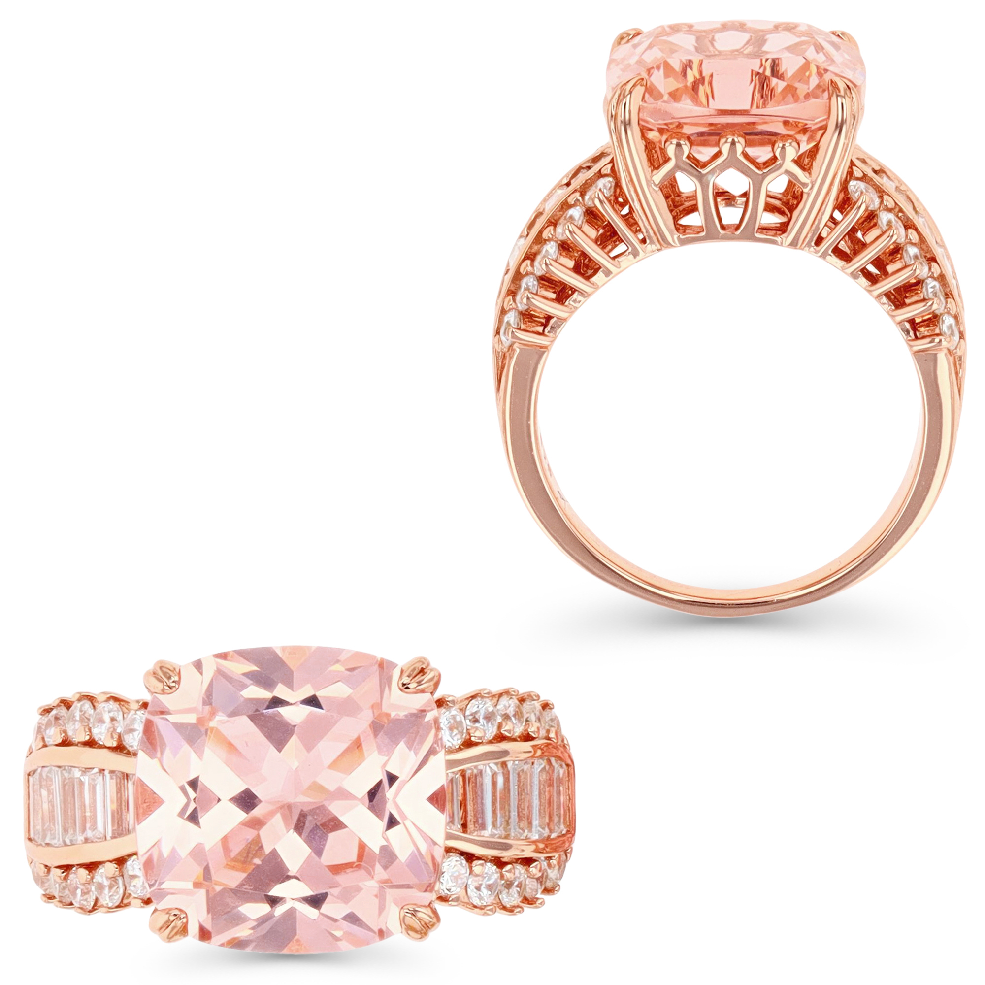 Sterling Silver Rose 12MM Polished Morganite & White CZ Cocktail Ring