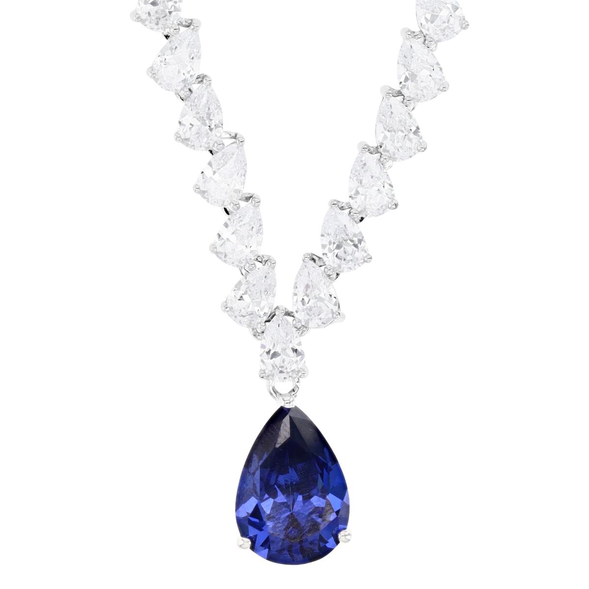 Sterling Silver Rhodium 15X10MM Polished Tanzanite & White CZ Pear Shape Dangling 18'' Necklace