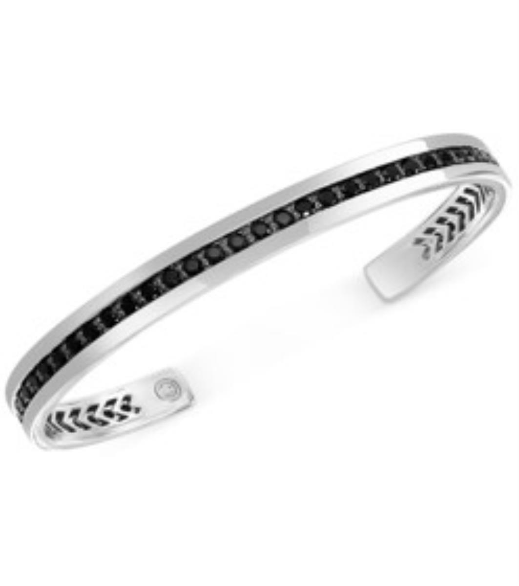 Sterling Silver Black & White Rhodium & Black Diamonds Men's Cuff Bangle Bracelet