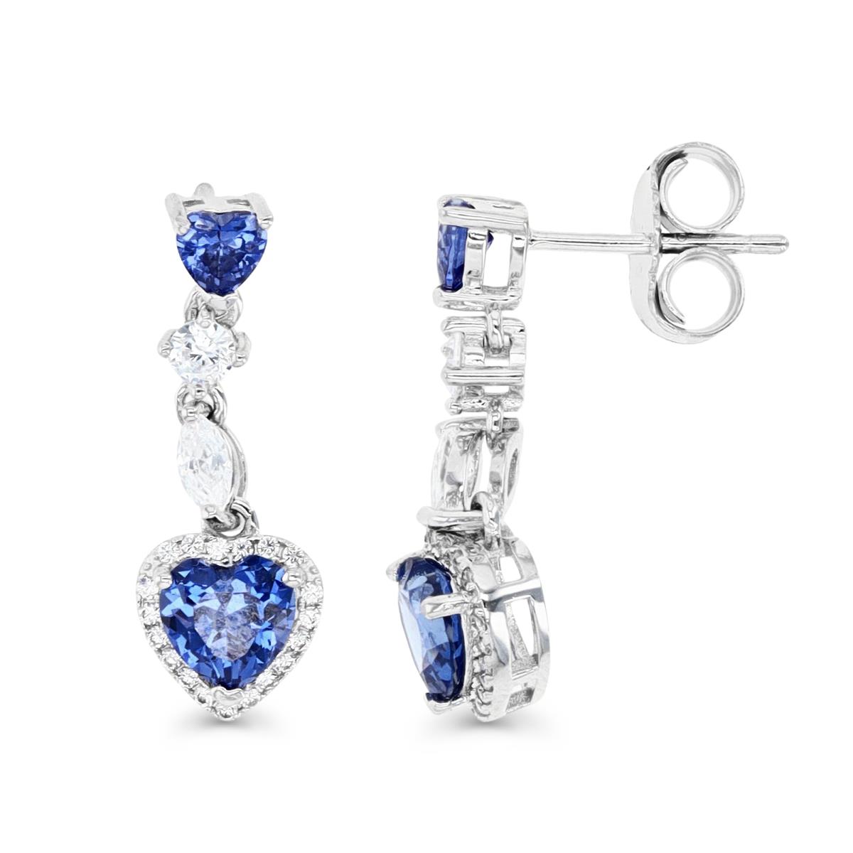 Sterling Silver Rhodium 24X8MM Tanzanite Hearts  & White CZ  Marquise Dangling Earring