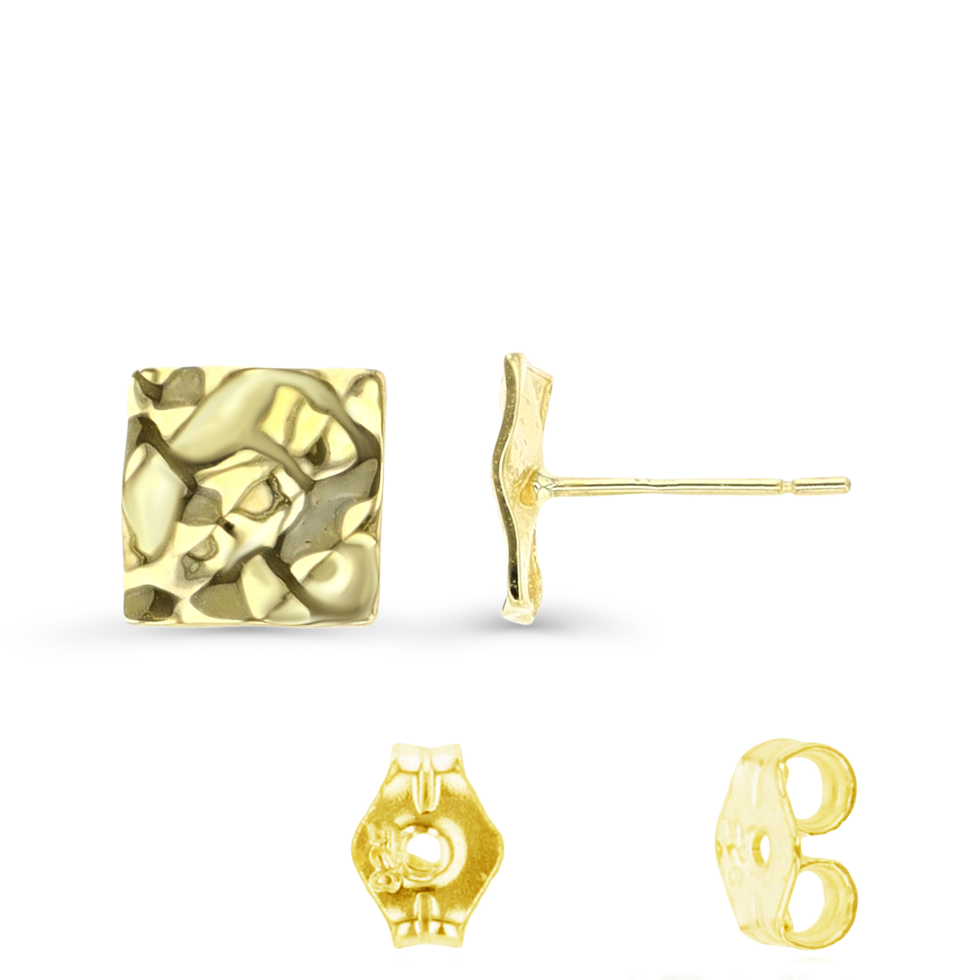 14K Gold Yellow 8MM Hammered Square Stud Earring & Gold Butterfly Clutch Backs 