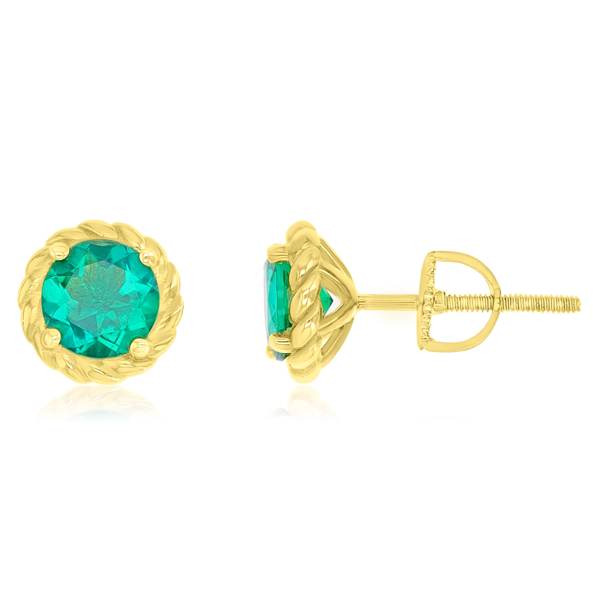 Sterling Silver Yellow 6mm Round Created Emerald Rope Screwback Stud Earring