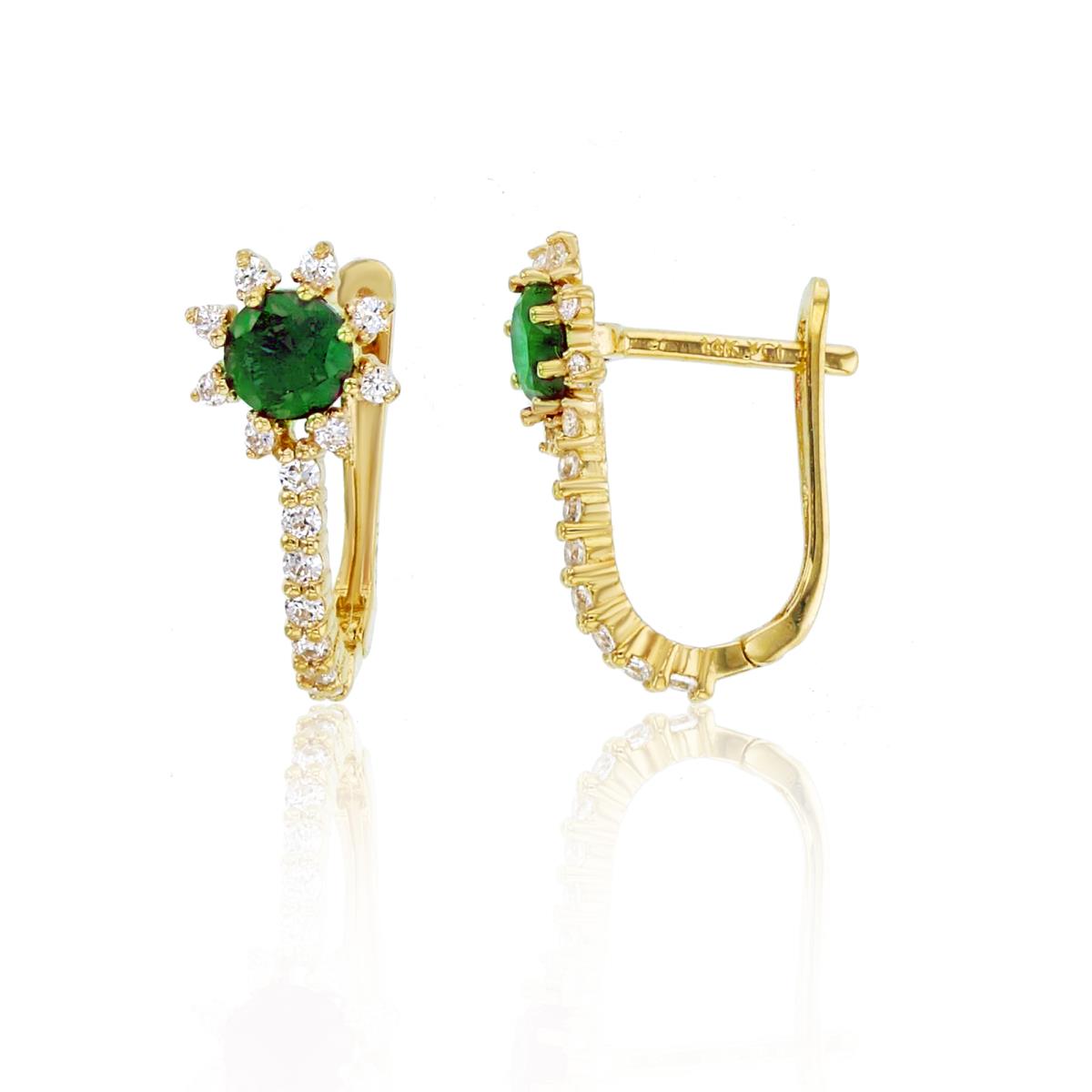 14K Yellow Gold Rnd White & 4mm Emerald CZ Flower Earrings with Latch Backs