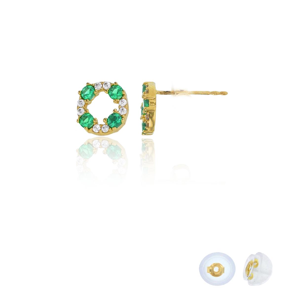 14K Yellow Gold Emerald & Clear CZ Open Circle Stud Earring & Gold Silicone Bubble B
