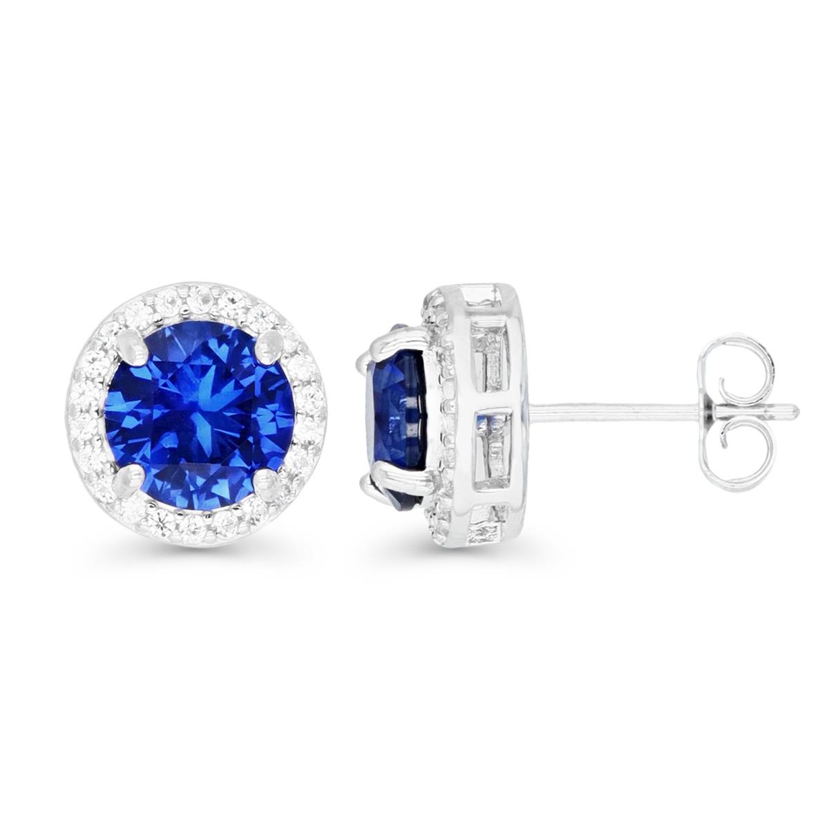 Sterling Silver Rhodium 8MM Cr Blue Sapphire & Cr White Sapphire Halo Stud Earring