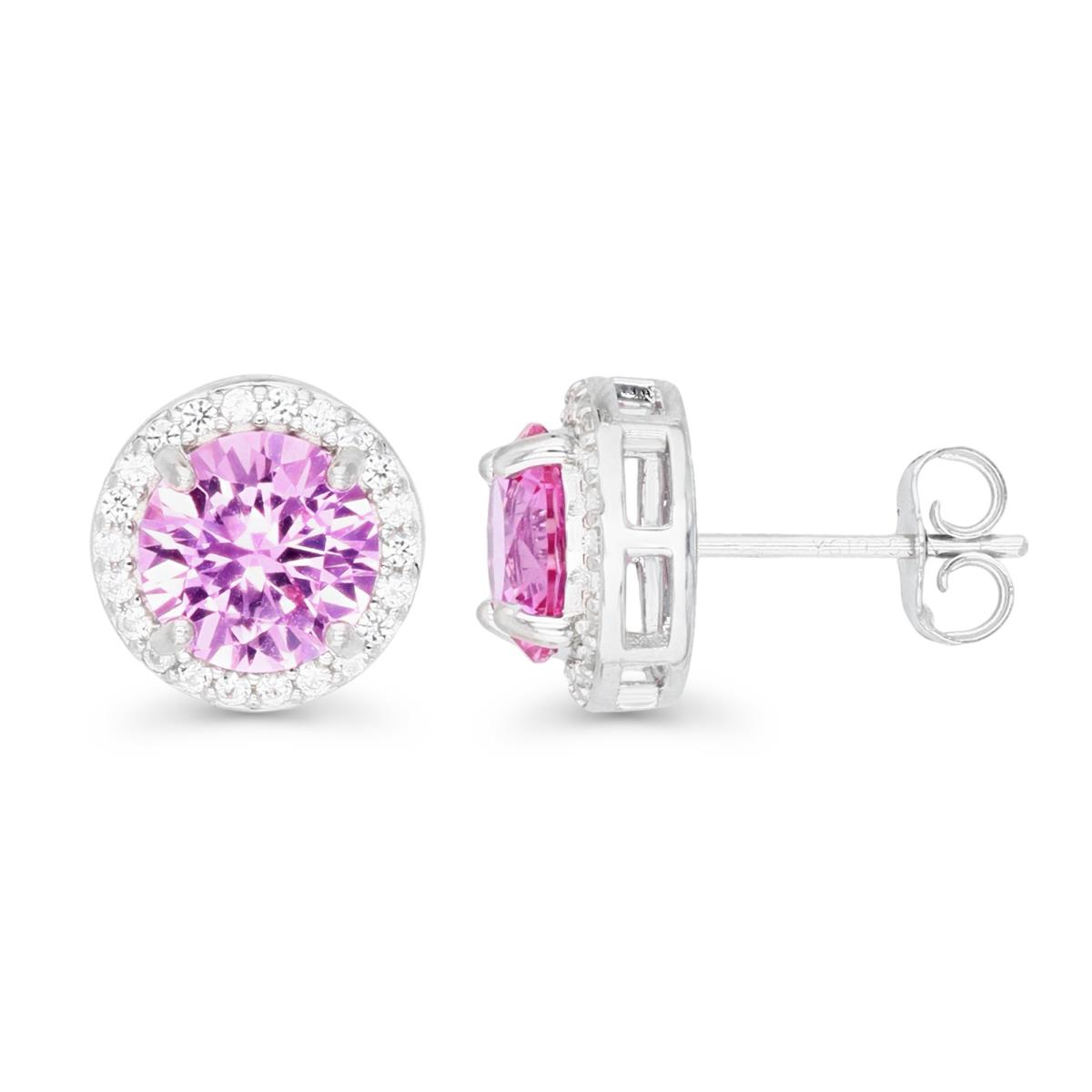 Sterling Silver Rhodium 8MM Cr Pink Sapphire & Cr White Sapphire Halo Stud Earring