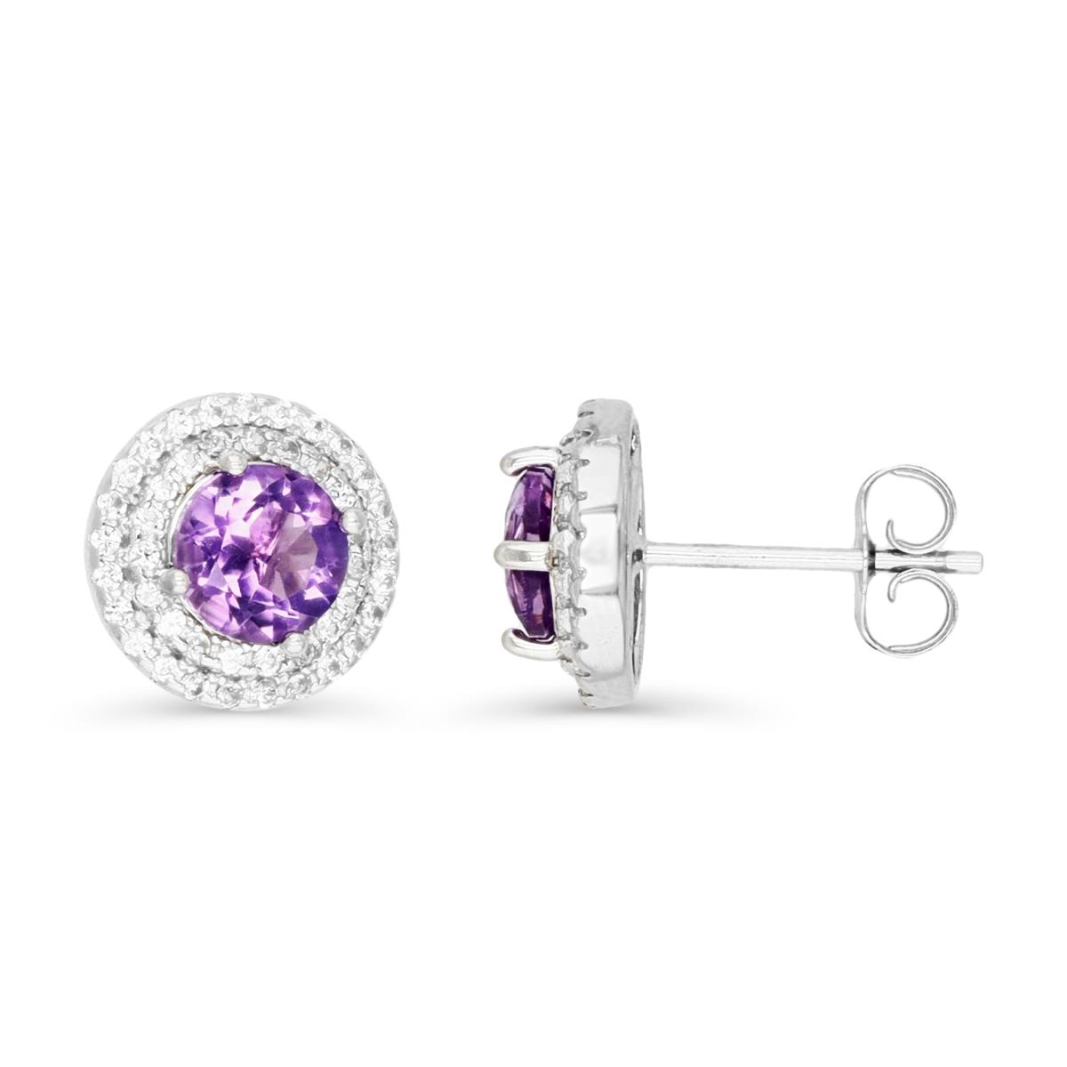 Sterling Silver Rhodium 6mm Round Amethyst & Cr White Sapphire Double Halo Stud