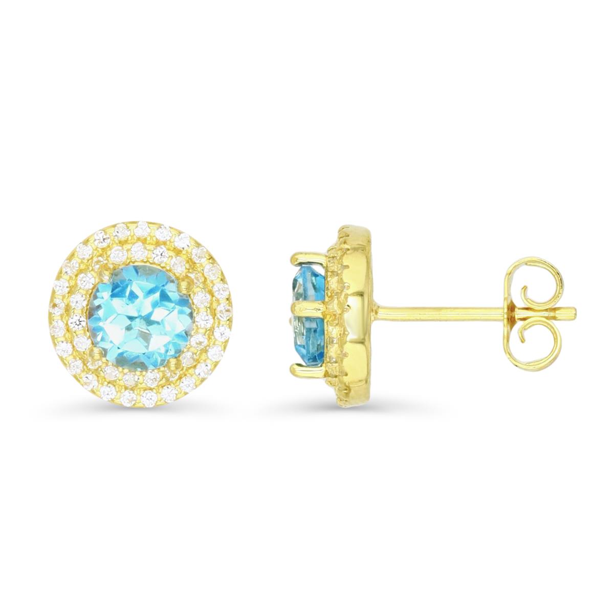 Sterling Silver Yellow 6mm Round Sky Blue Topaz & Cr White Sapphire Double Halo Stud