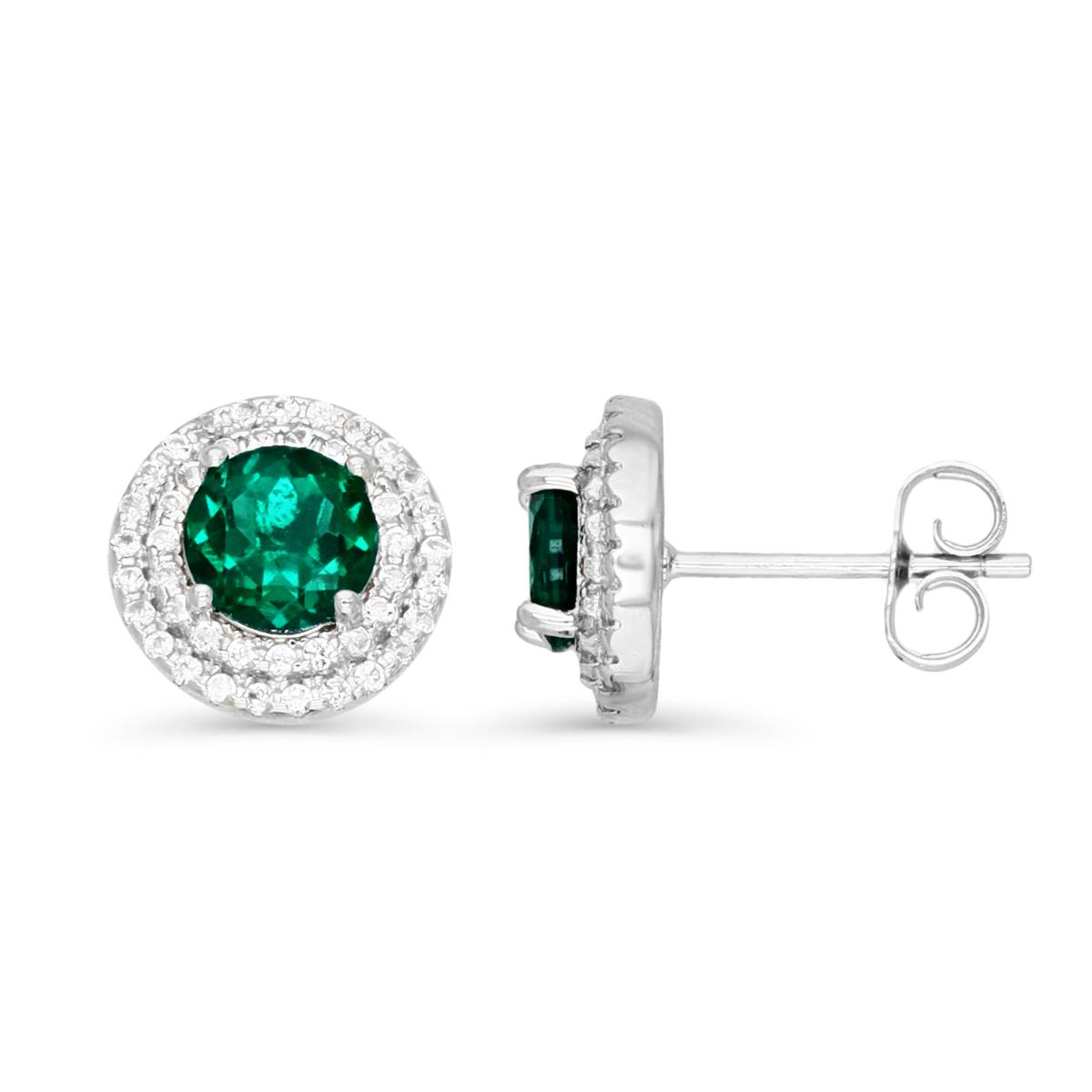 Sterling Silver Rhodium 6mm Round Cr Emerald & Cr White Sapphire Double Halo Stud