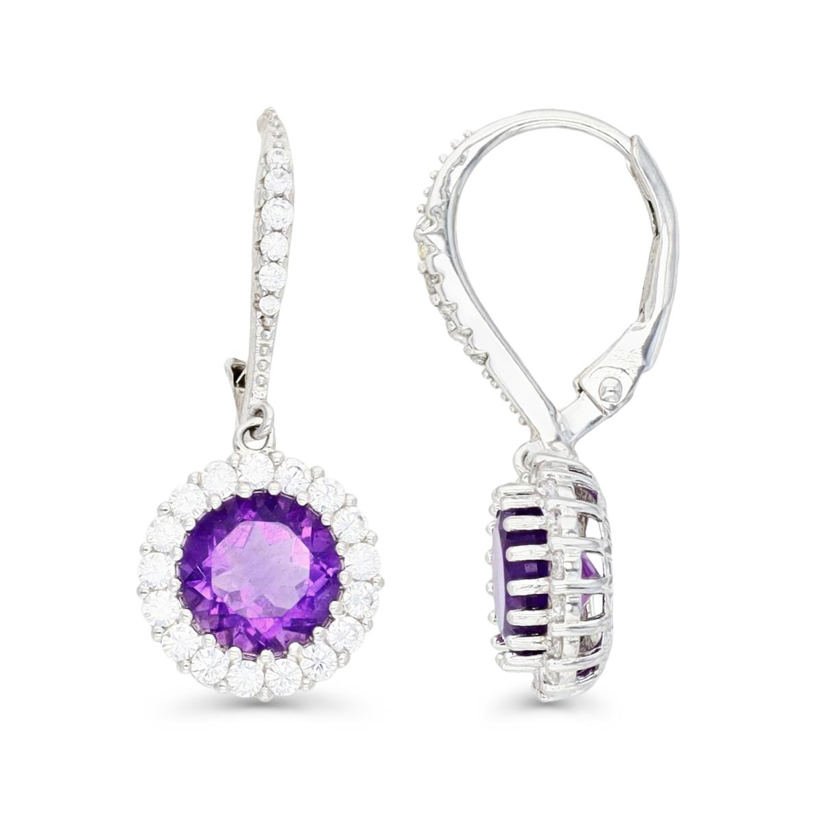 Sterling Silver Rhodium 27X11MM Amethyst & Cr White Sapphire Dangling Halo Leverback Earring