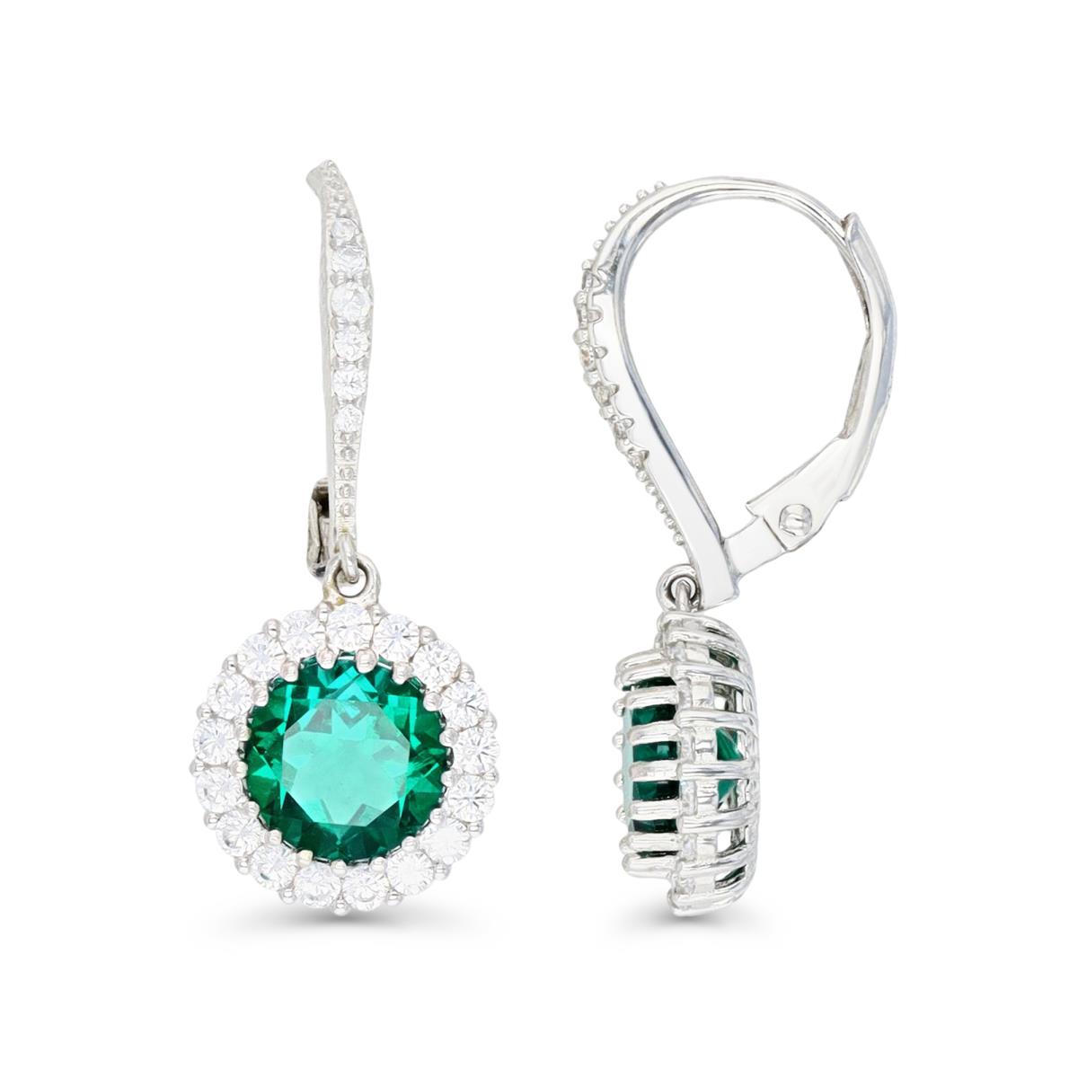 Sterling Silver Rhodium 27X11MM Cr Emerald & Cr White Sapphire Dangling Halo Leverback Earring